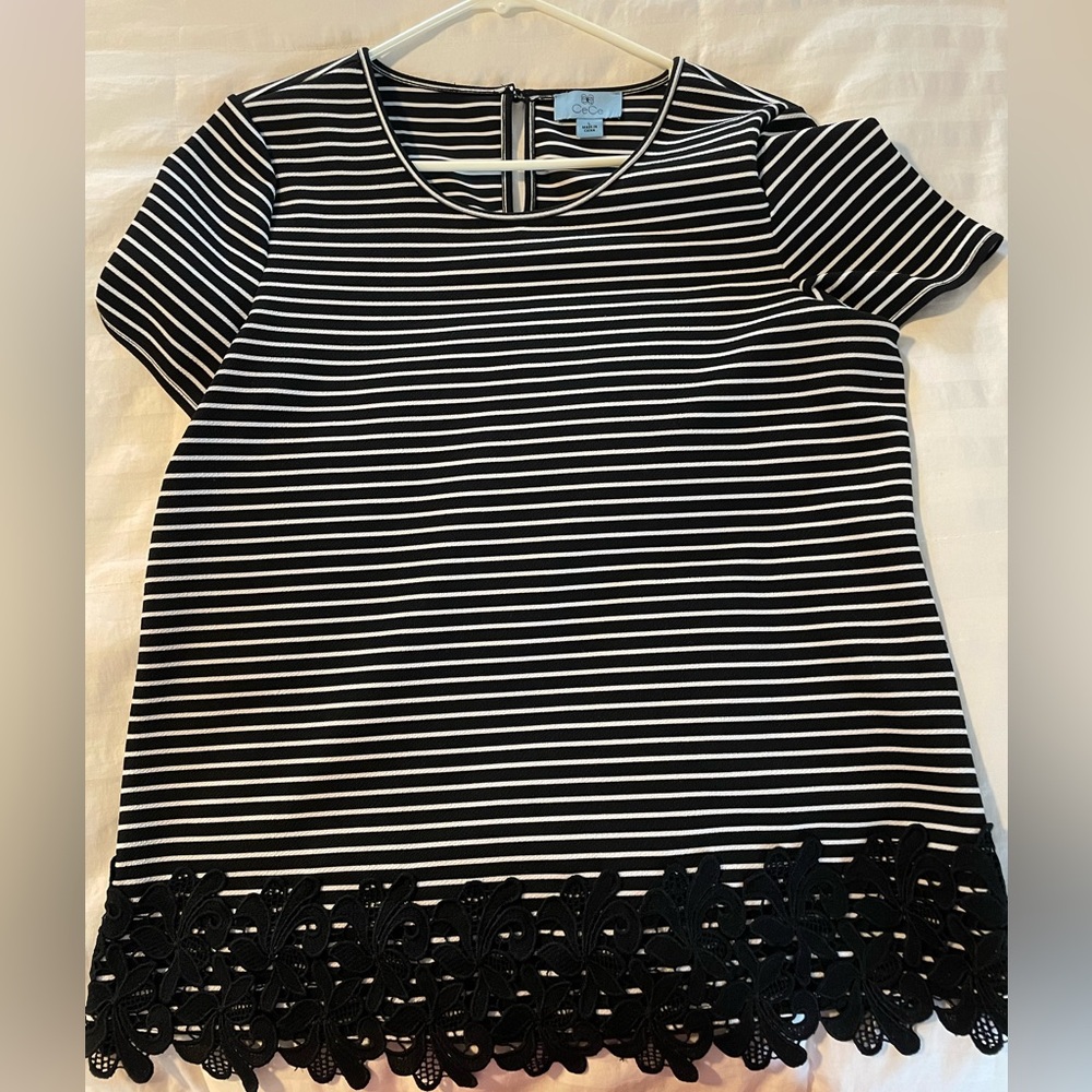 CeCe Striped Lace Bottom Top